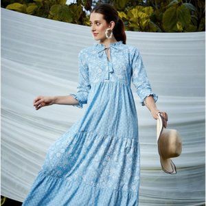 Floral Tie-Up Neck Cotton Ethnic Maxi Dress